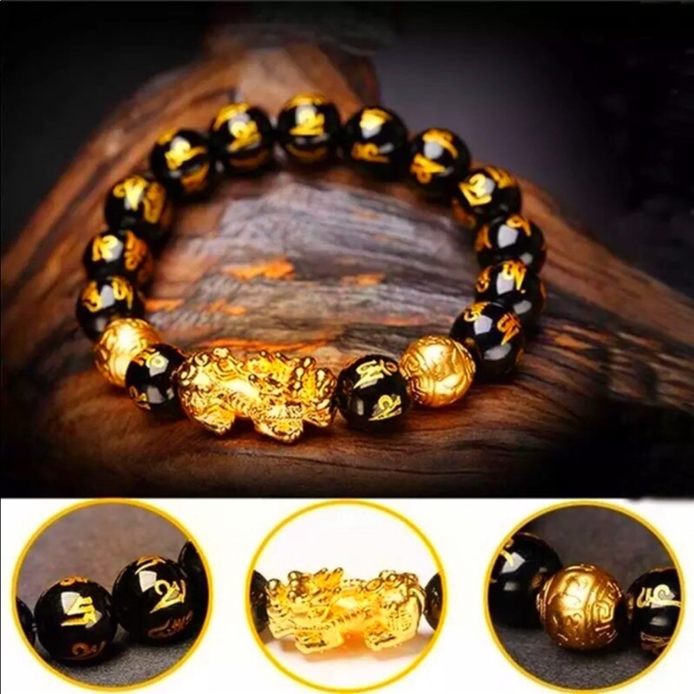 Pixiu-B Good Fortune Black & Gold Unisex Bracelet - Picture 2 of 8